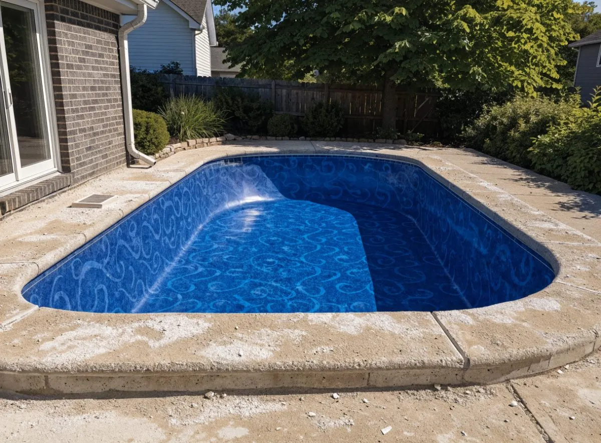 Drained in-ground pool with a new vinyl liner installed