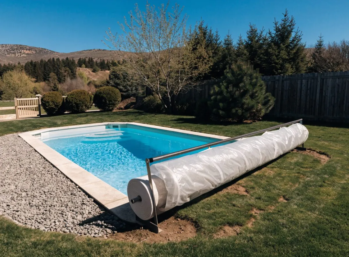 Backyard pool being opened in spring with the winter cover rolled back