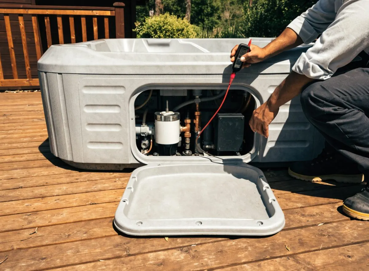 Technician testing a hot tub pump and heater with the side panel off